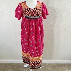 Vintage Loungees Small Pink Orange Stars Mumu House Sleep Dress Kaftan Pockets